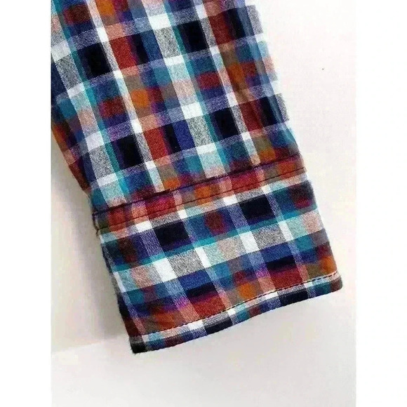 Salt Valley Men's Size LRG Plaid Button Up Shirt Navy Brown Pockets Thin Cotton - Picture 8 of 13